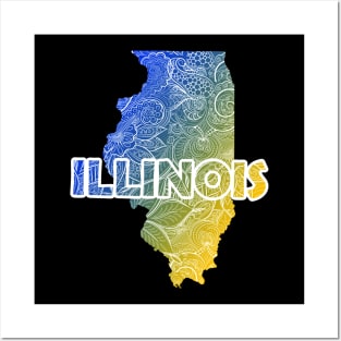 Colorful mandala art map of Illinois with text in blue and yellow Posters and Art